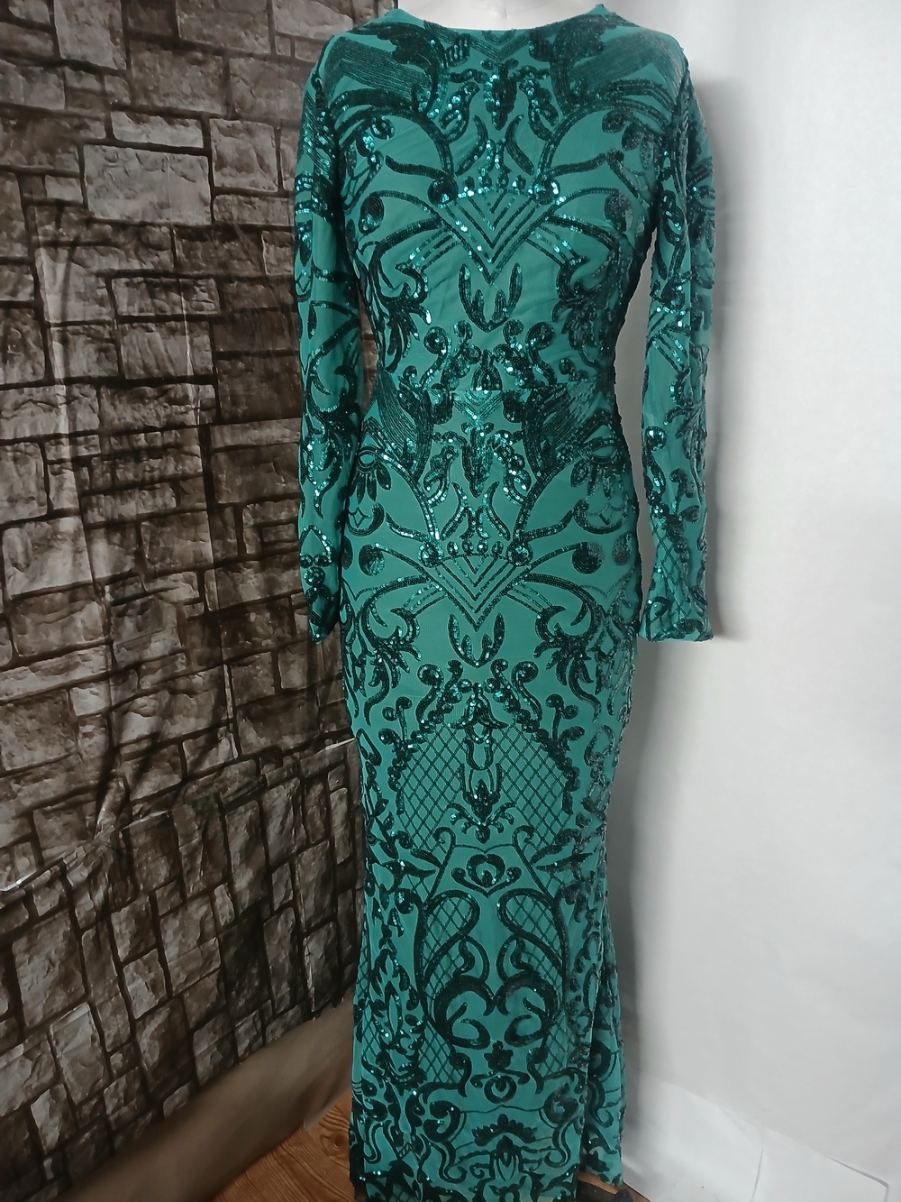 Teal Sequin Long Sleeve Evening Gown - Women's Size Medium